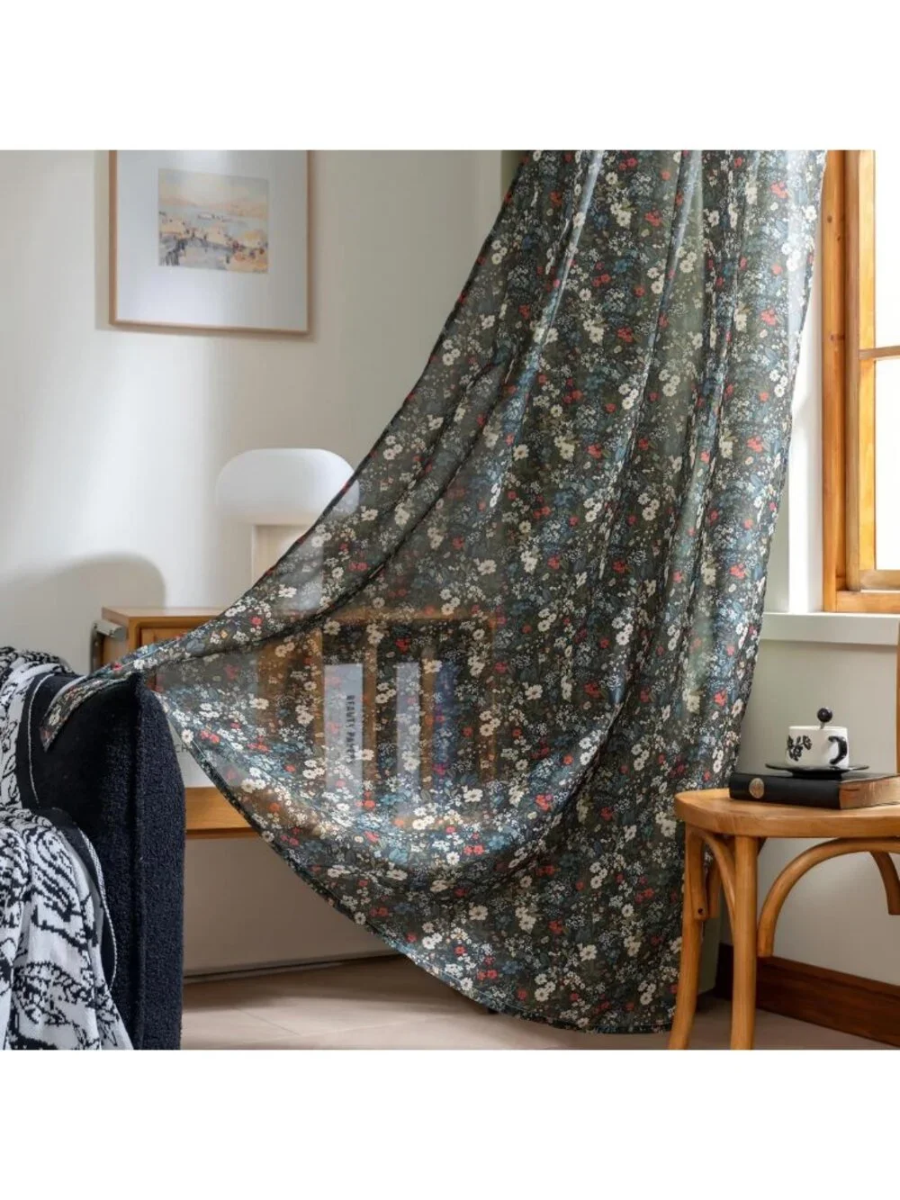 Floral & Velvet Mix Curtains Set - 4 Panels Grommet Drapes for Living
